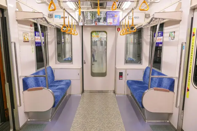 Priority seats at the end of a Tokyo Metro train car