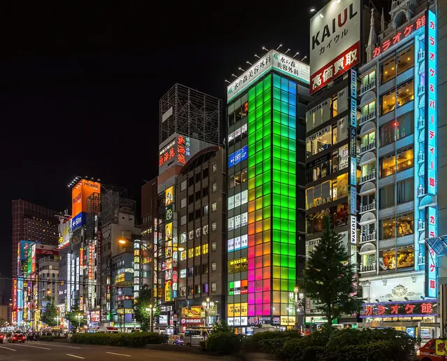夜の歌舞伎町・靖国通り沿いに光るビル群とカラオケのビル