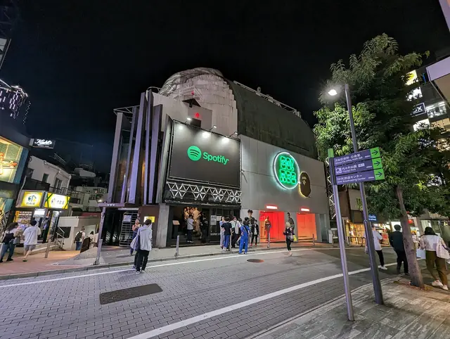 The building on Shibuya's Spain-zaka that houses the live houses WWW and WWW X, at night