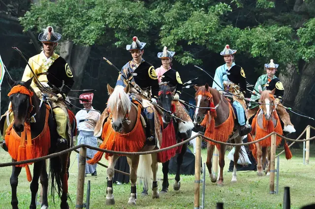 Mounted archers in hunting dress before the yabusame at the Meiji Jingu autumn festival