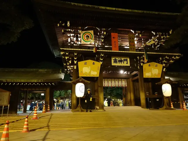 元日の未明、明かりがともる明治神宮の南神門