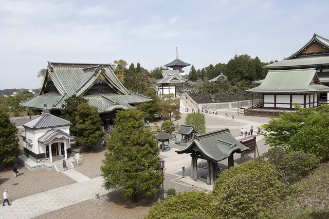 Halls and the pagoda of Naritasan Shinsho-ji temple in Narita seen from above