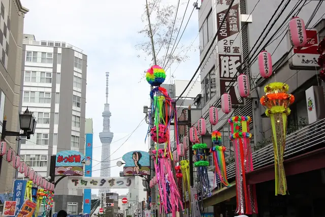 下町七夕まつりの商店街に飾られた七夕飾りと奥のスカイツリー
