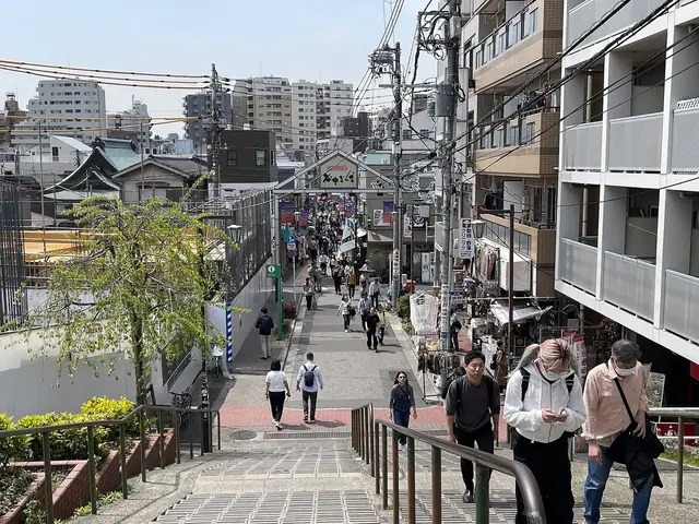 谷中銀座商店街へ下る階段と両側の低い家並み