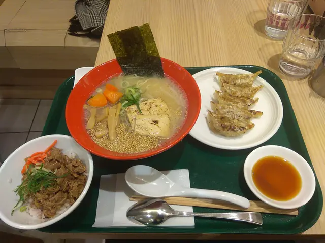 T'sたんたんのヴィーガンラーメンとギョーザ、大豆ミートの丼