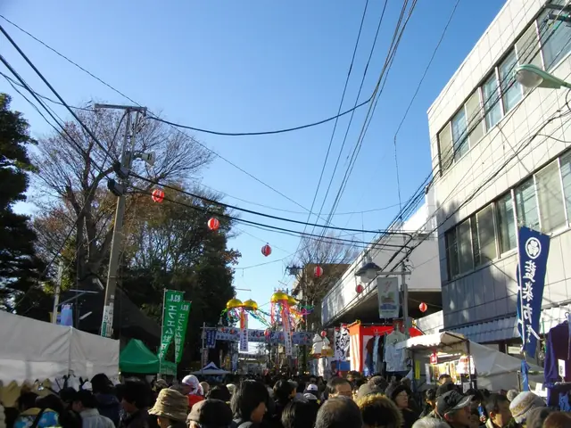 Crowds walking between market stalls under a winter blue sky at the Setagaya Boroichi